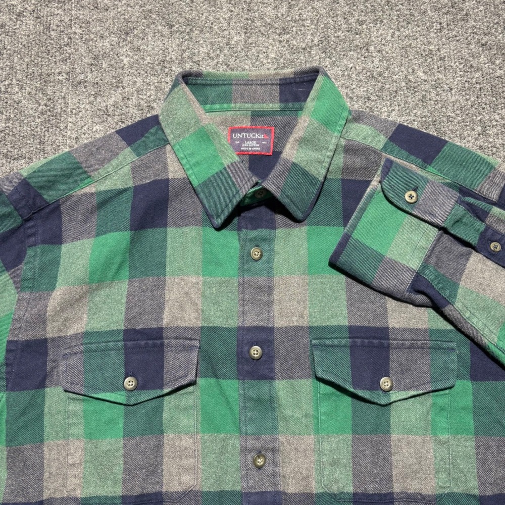 UNTUCKit Mens Large Green Navy Blue Plaid Flannel Button Down Shirt Long Sleeve
